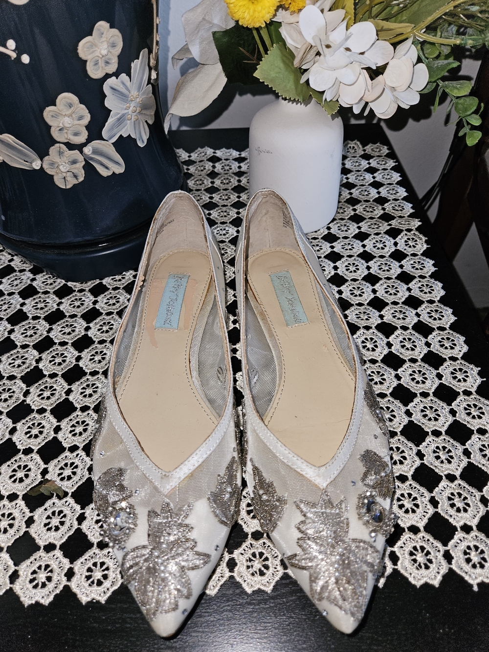 Ivory Embroidered Pointed-Toe Flats with Silver Accents